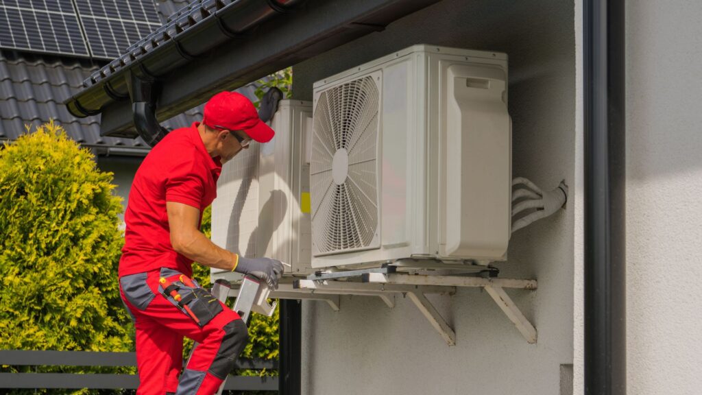 Mies asentamassa ilmavesilämpöpumppua